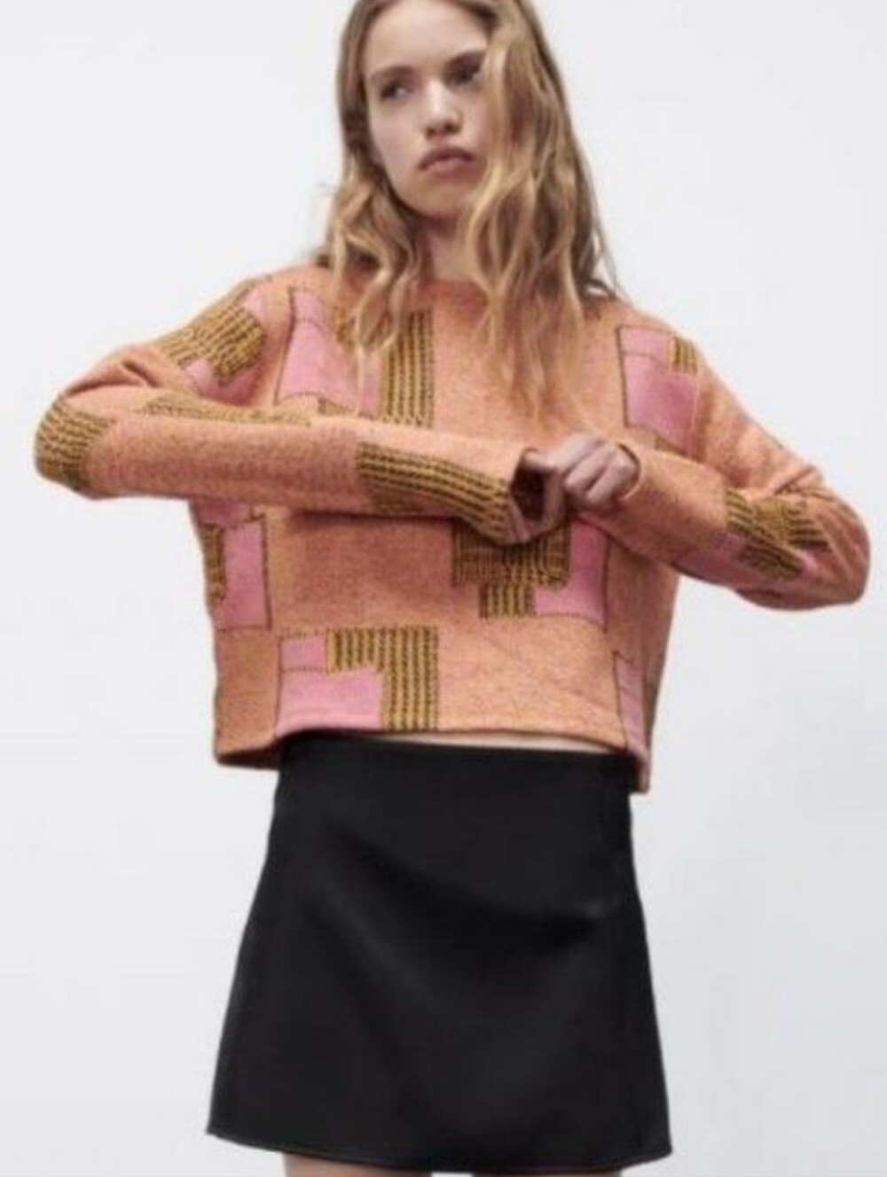 Zara Jacquard Knit Pink Orange 90's Geometric Cropped Sweater Medium